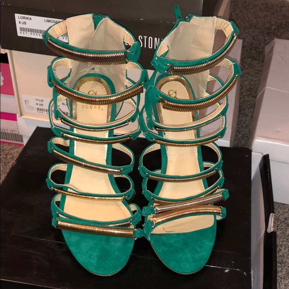 Green and Gold Strappy Heels